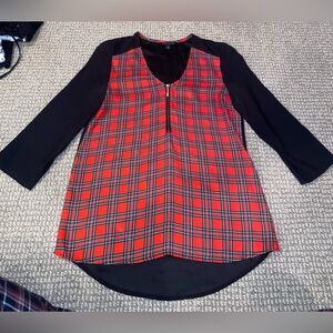 Retro Express Women’s Shirt Red Black & Gray Zip Front Plaid ¾ Sleeves!